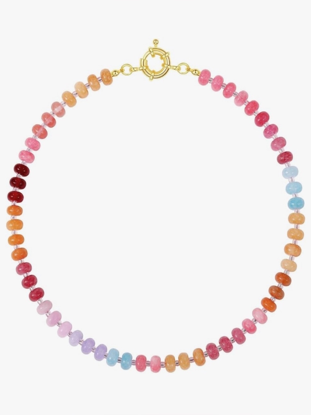 Gold Clasp Multicolor Natural Gemstone Beaded Necklace - Pink, Orange, Blue Hues